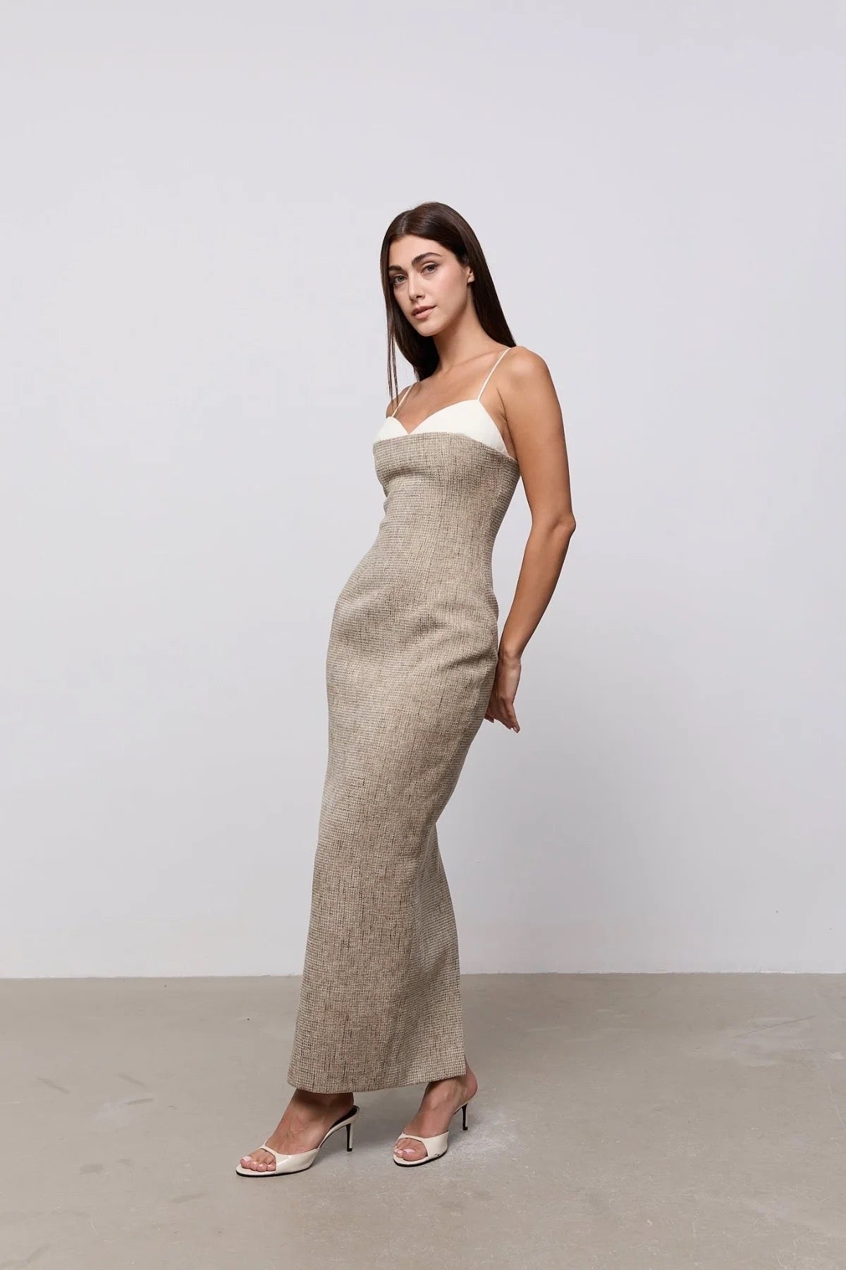 Odd Muse Tweed Contrast Detail Midi Dress - Ecru & Beige