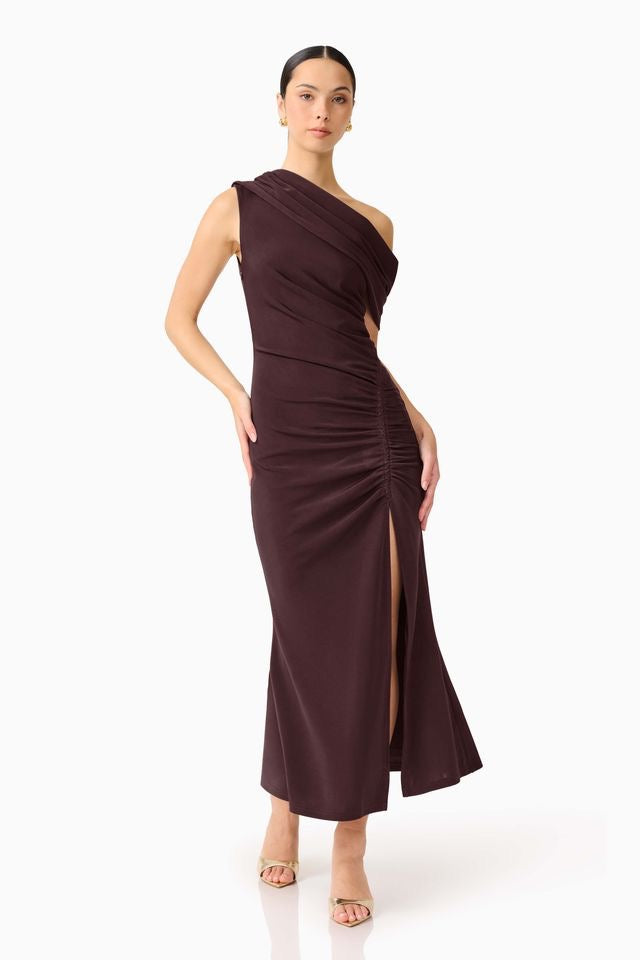 Elliatt Simone One Shoulder Maxi Dress - Chocolate Brown