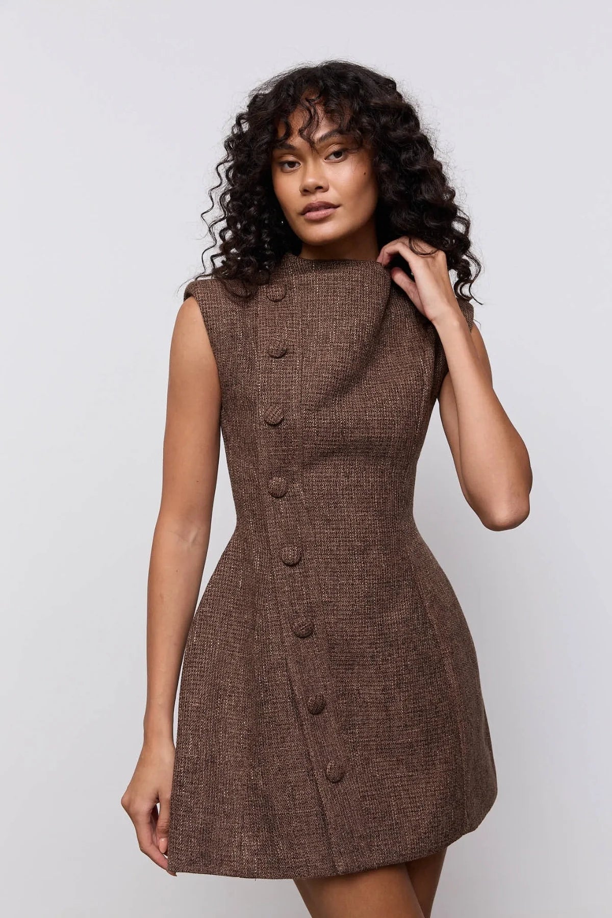 Odd Muse Tweed Button Detail Mini Dress - Dark Brown
