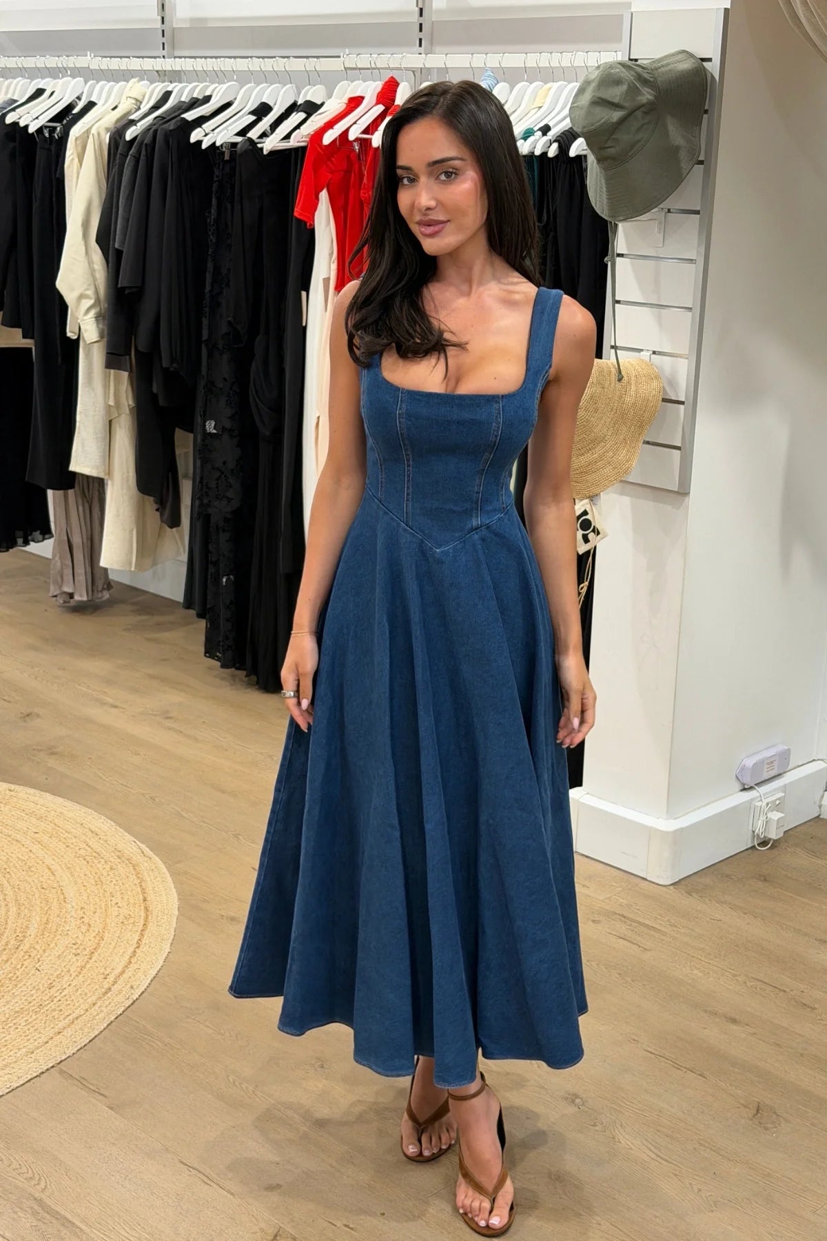 Odd Muse Cotton Mix Denim Square Neck Midi- Light Blue