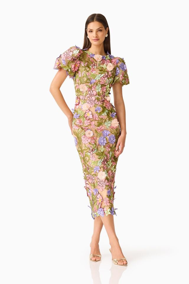 Elliatt Fiora Puff Sleeve Midi Dress - Green Multi
