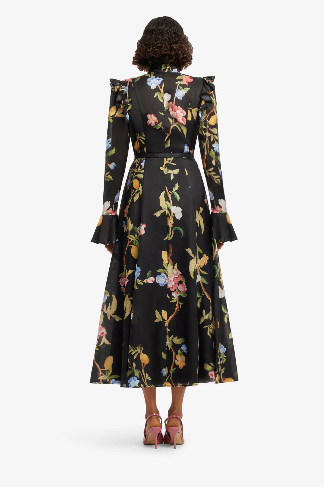 Leo Lin Katrina Butterfly Sleeve Midi Dress - Lemon Vine Print in Ebony