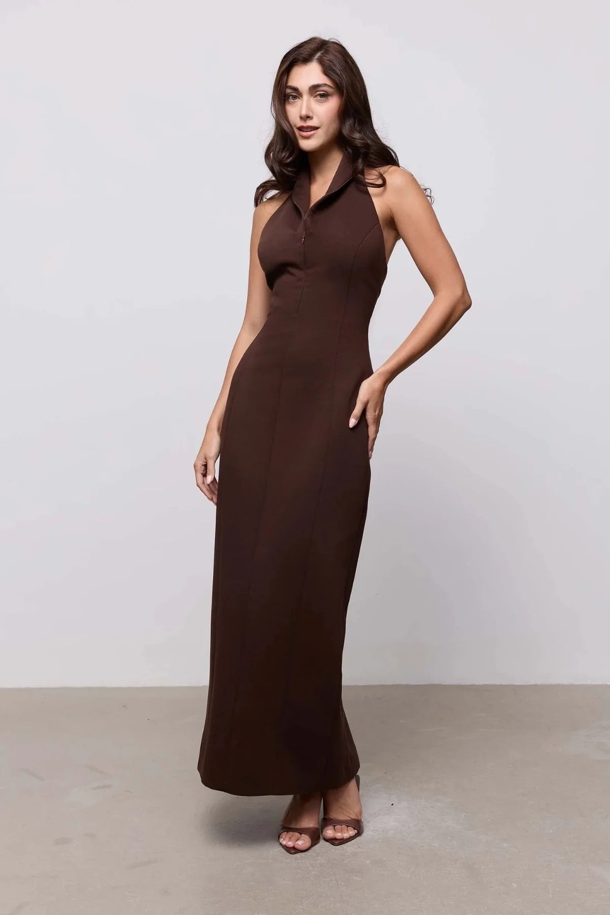 Odd Muse Cotton Mix Zip Collar Midi Dress - Dark Brown