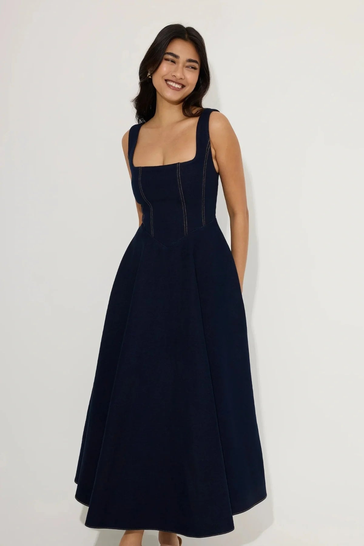 Odd Muse Cotton Mix Denim Square Neck Midi- Dark Blue