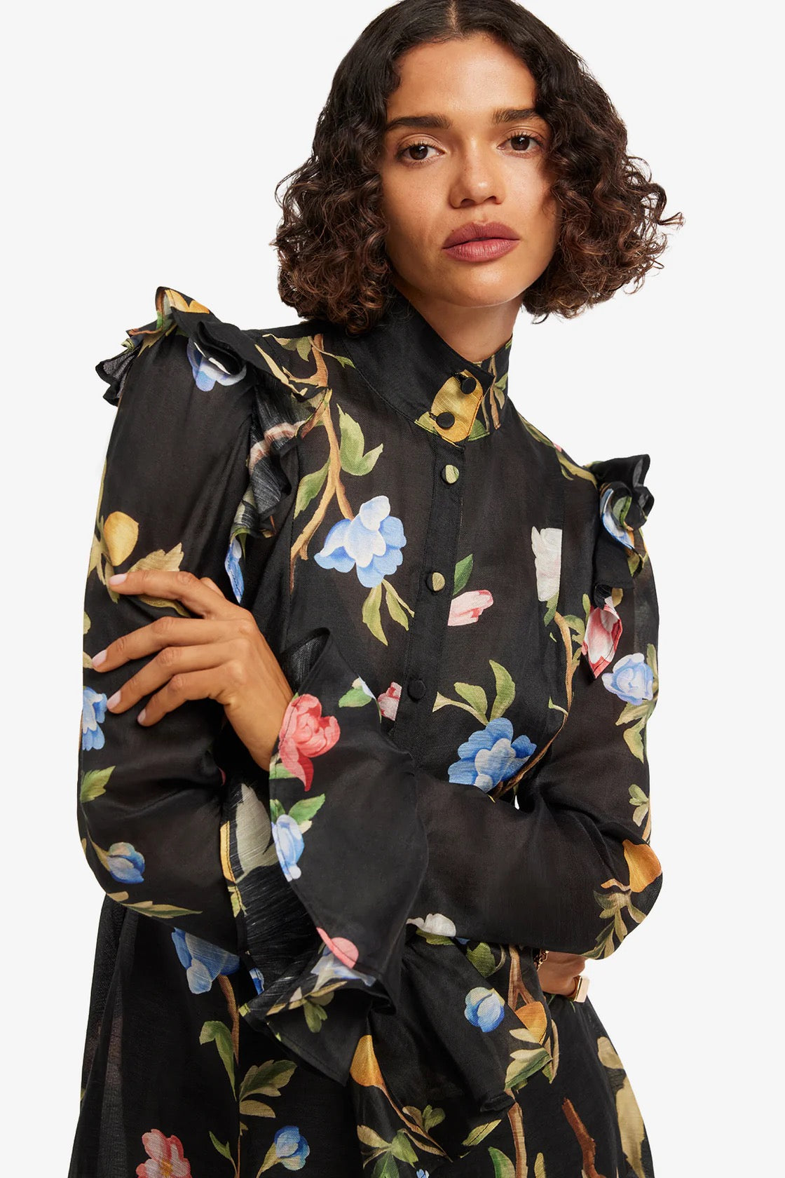Leo Lin Katrina Butterfly Sleeve Midi Dress - Lemon Vine Print in Ebony