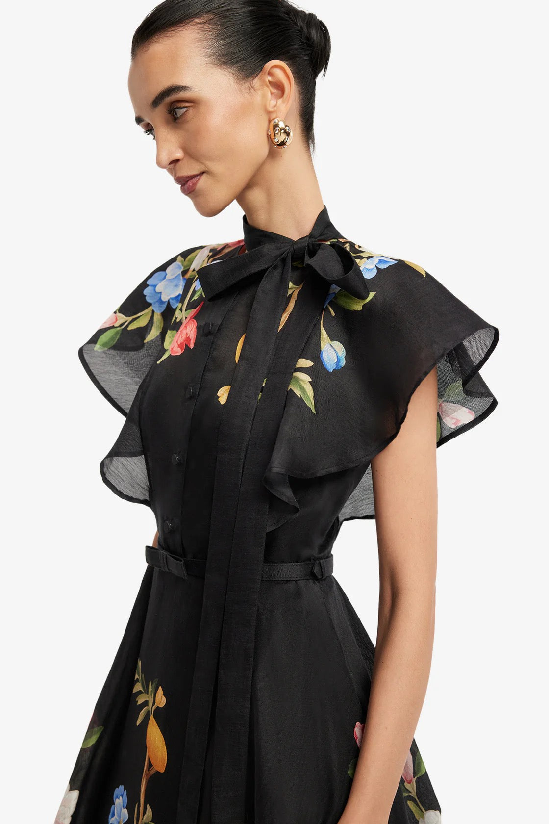 Leo Lin Elsie Flutter Sleeve Midi Dress - Lemon Vine Print in Ebony