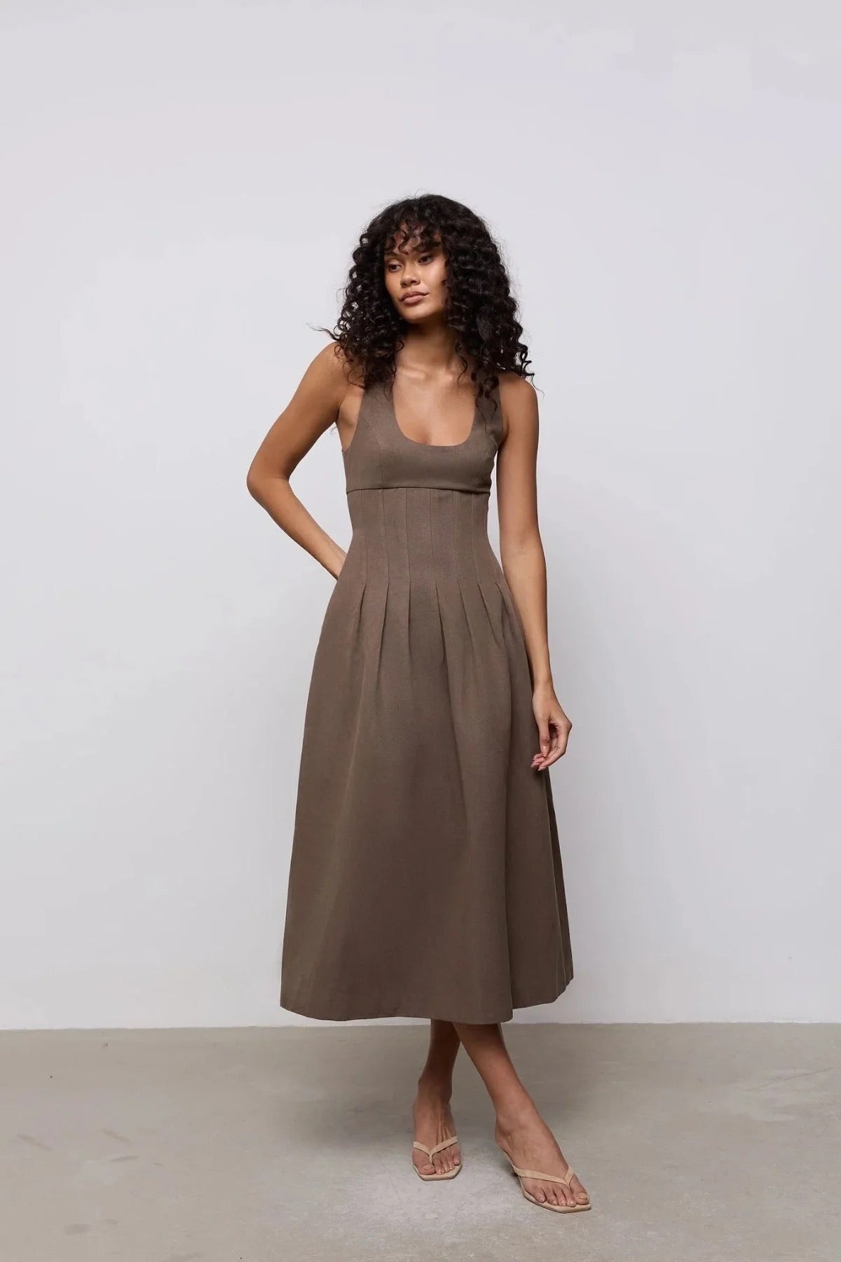 Odd Muse Cotton Mix Cinched Midi Dress - Mushroom