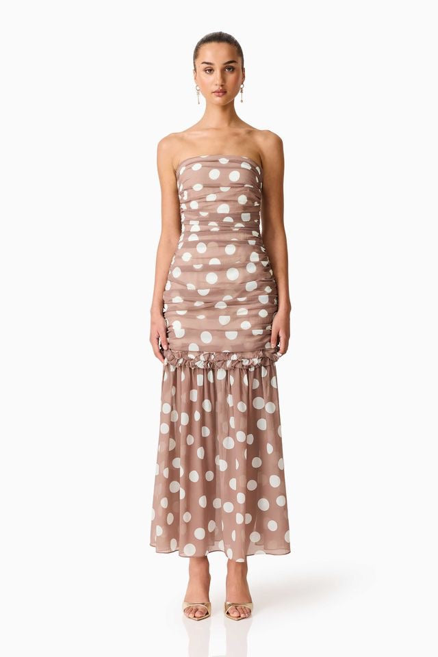 Elliatt Sola Polka Dot Strapless Gown - Brown & White