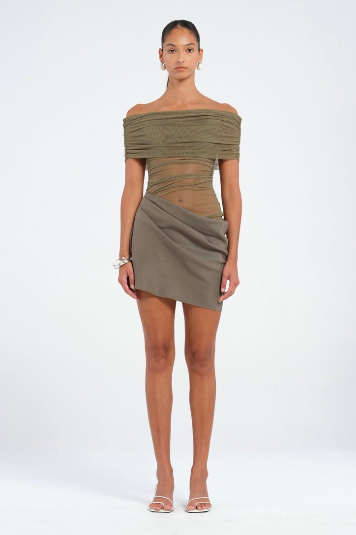 nico mini dress Benni Nico Off Shoulder Mini Dress - Khaki