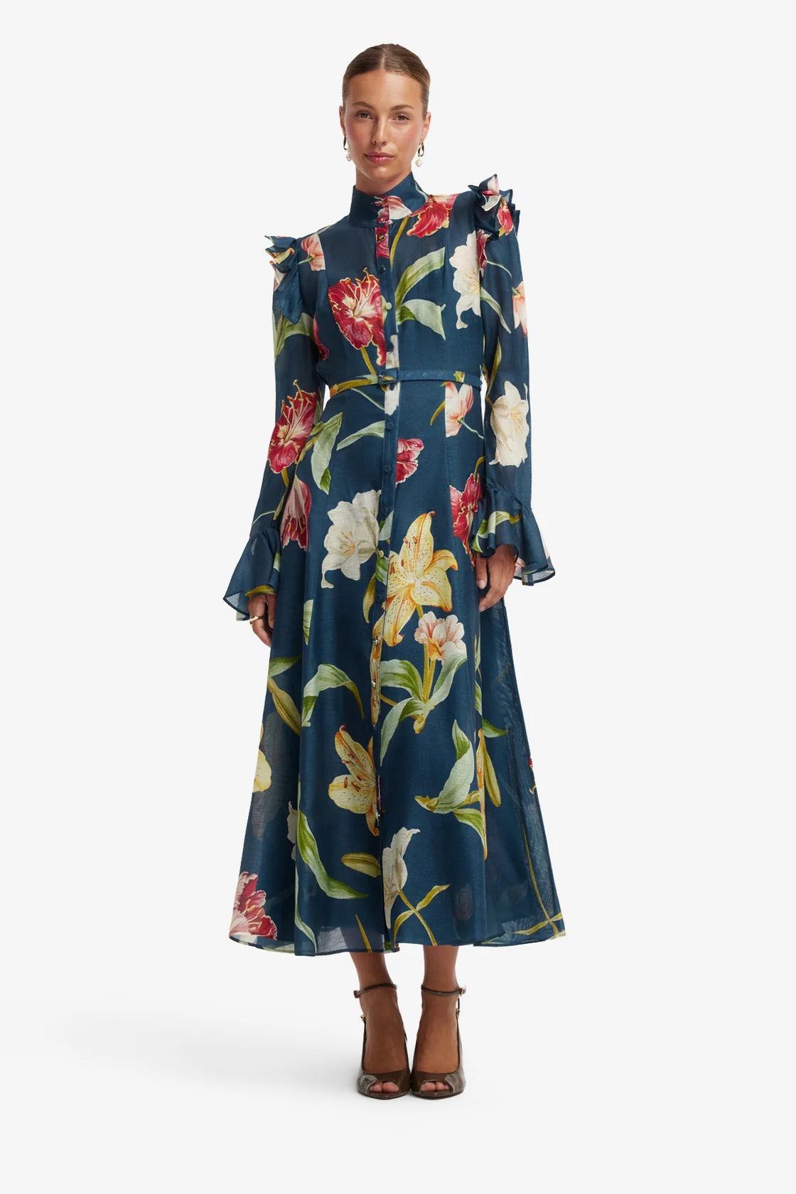 Leo Lin Katrina Butterfly Sleeve Midi Dress - Lily Print in Indigo