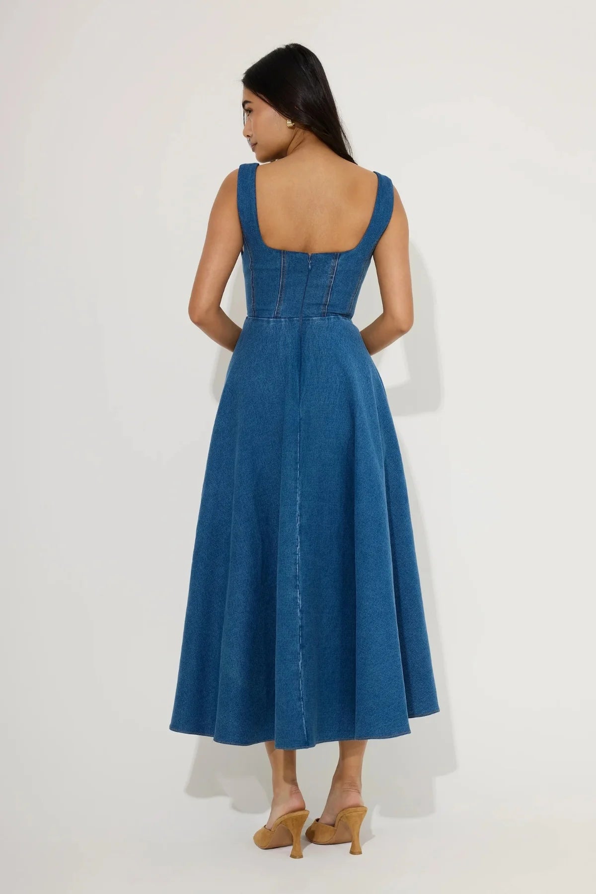 Odd Muse Cotton Mix Denim Square Neck Midi- Light Blue