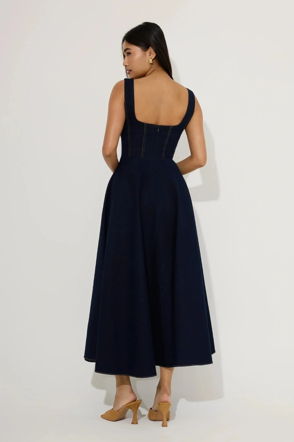 Odd Muse Cotton Mix Denim Square Neck Midi- Dark Blue