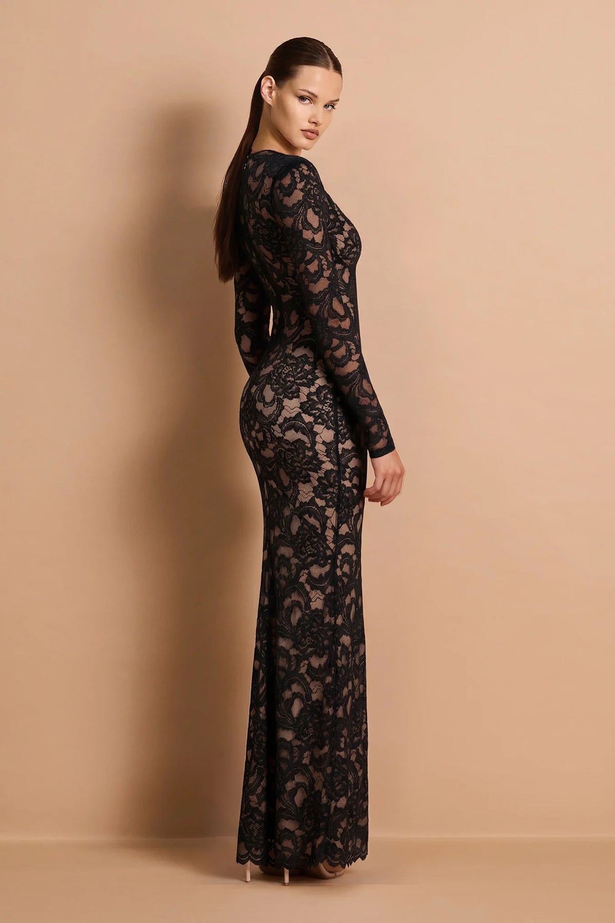 Nookie Delphine Long Sleeve Lace Gown - Black