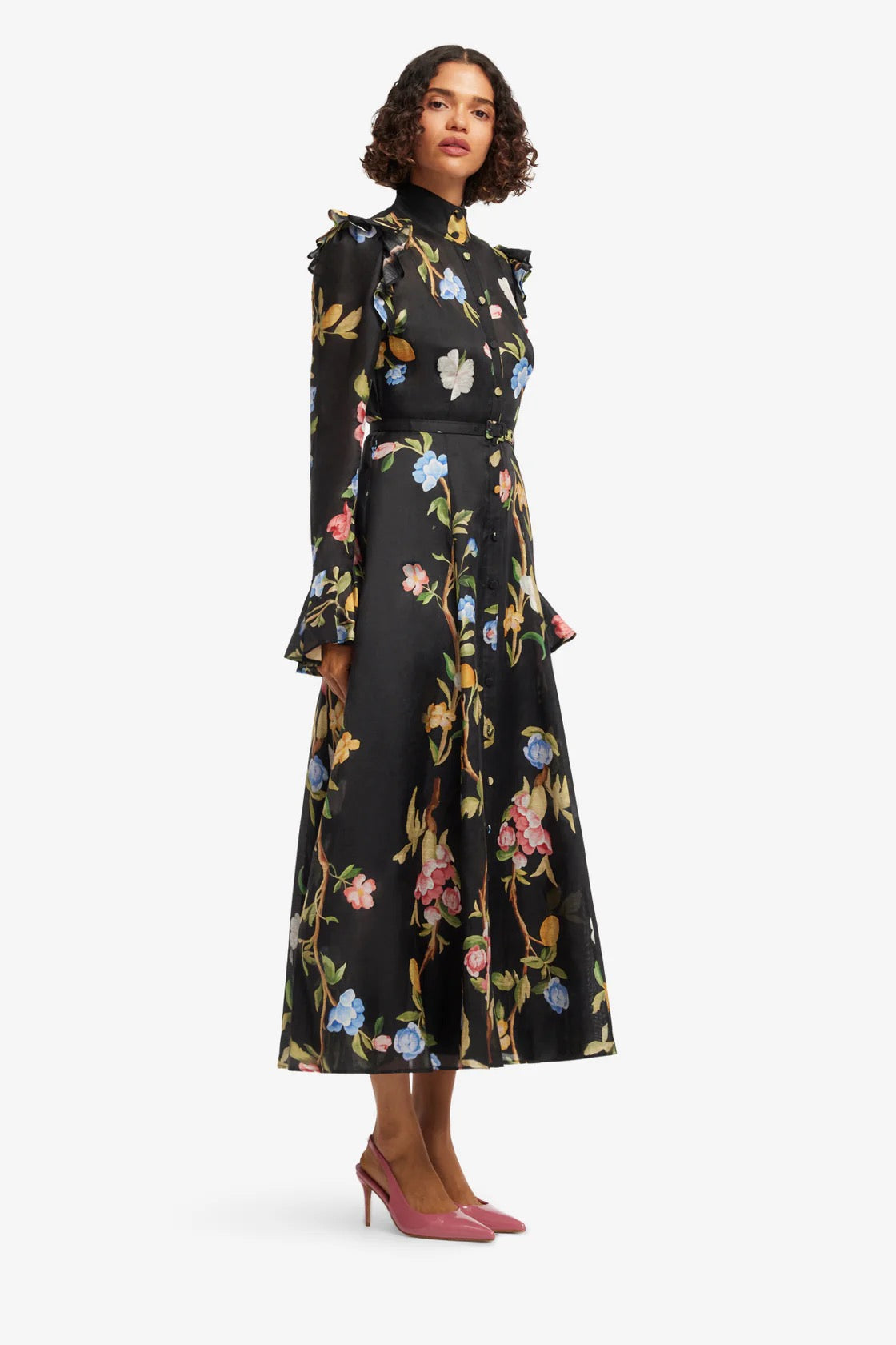 Leo Lin Katrina Butterfly Sleeve Midi Dress - Lemon Vine Print in Ebony