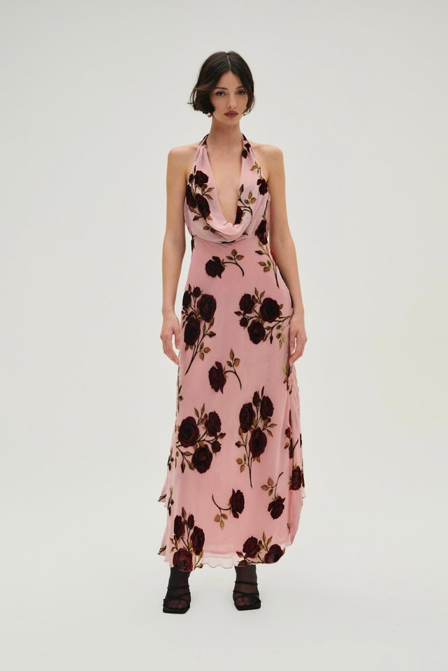motya halterneck mini dress in floral rose flocked black Gardenia Halter Mini Dress