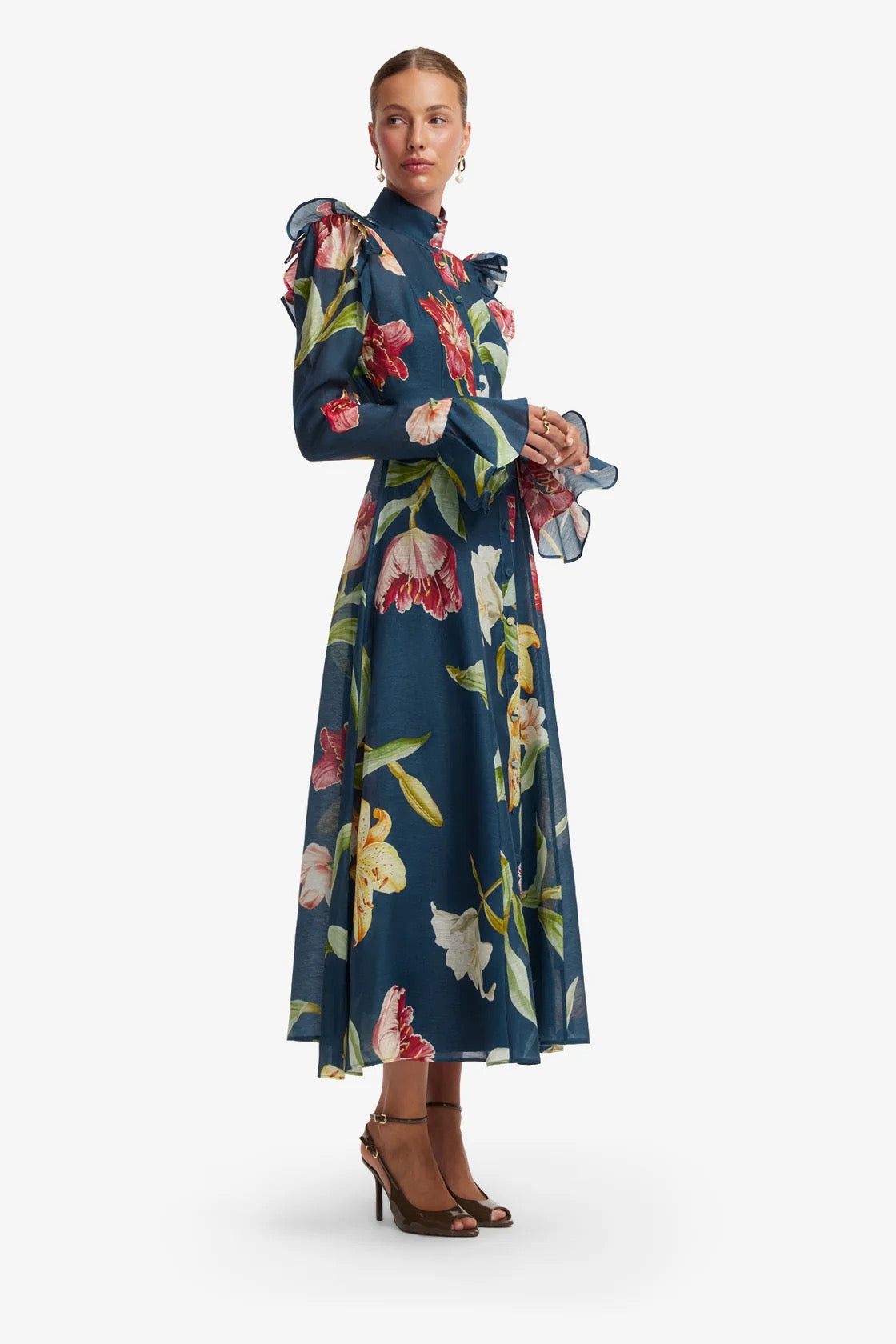 Leo Lin Katrina Butterfly Sleeve Midi Dress - Lily Print in Indigo