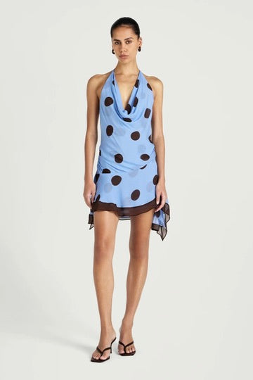 Benni Harlow Halter Mini Dress - Blue & Choc Polka