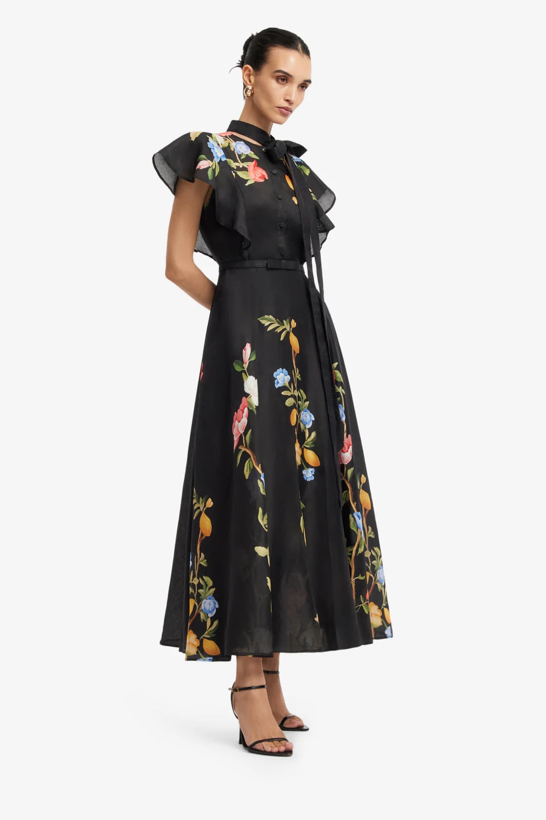 Leo Lin Elsie Flutter Sleeve Midi Dress - Lemon Vine Print in Ebony