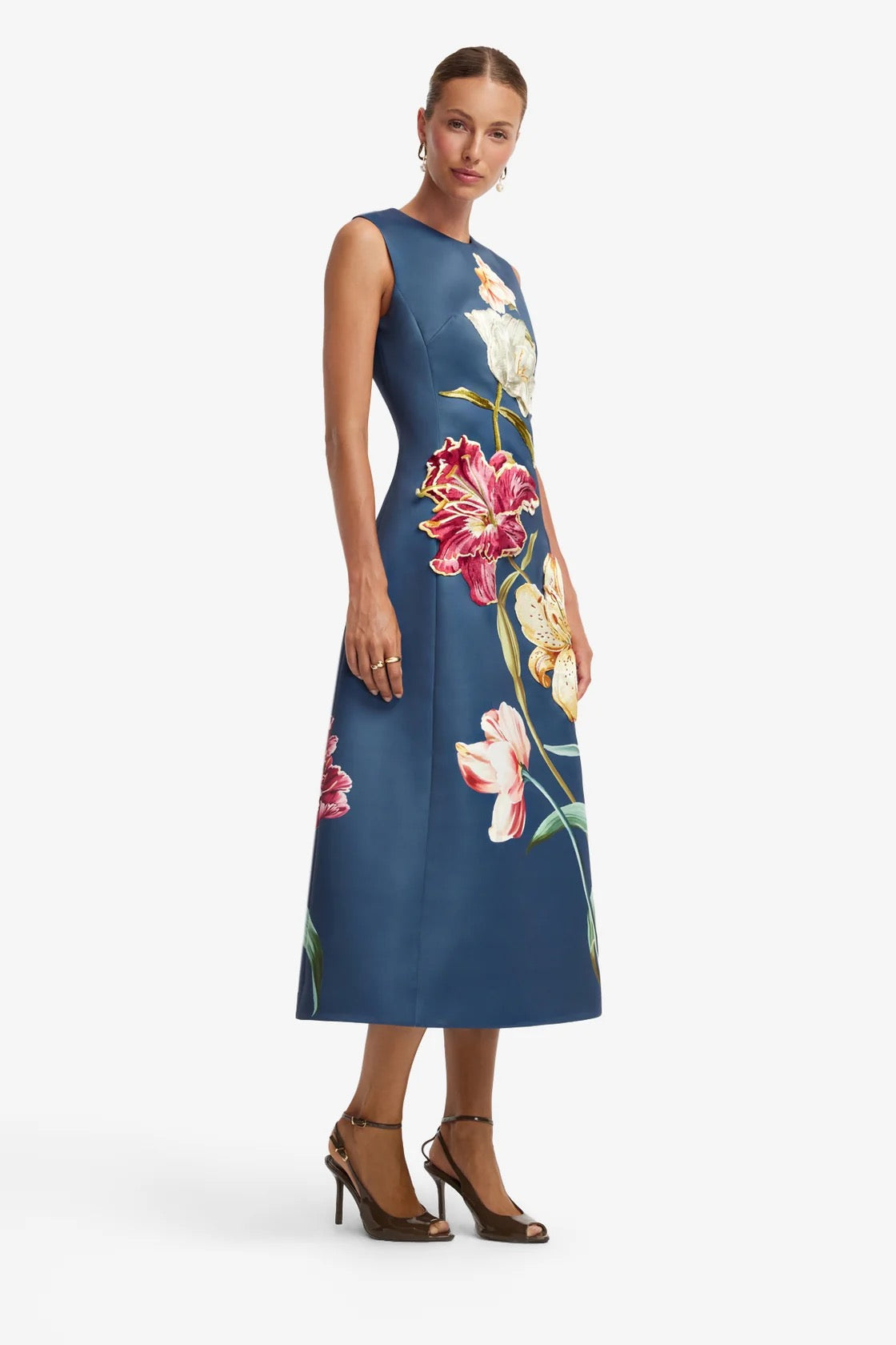 Leo Lin Cleo Embroidered Sleeveless Midi Dress - Lily Print in Indigo