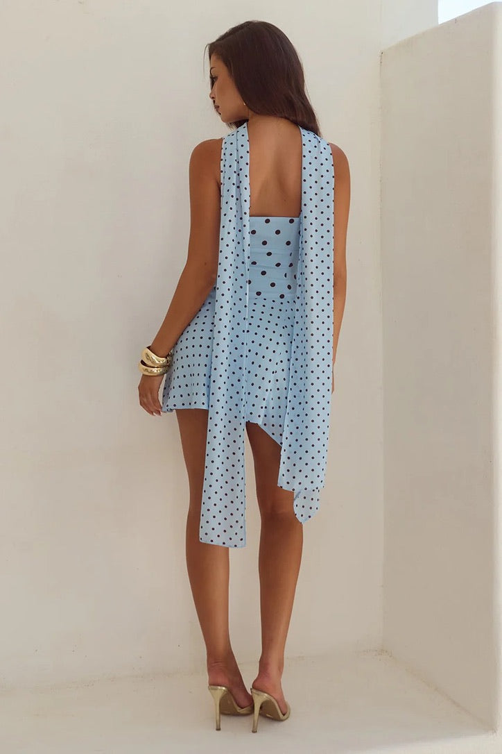 Runaway the Label Alora Scoop Mini Dress - Blue & Choc Polka