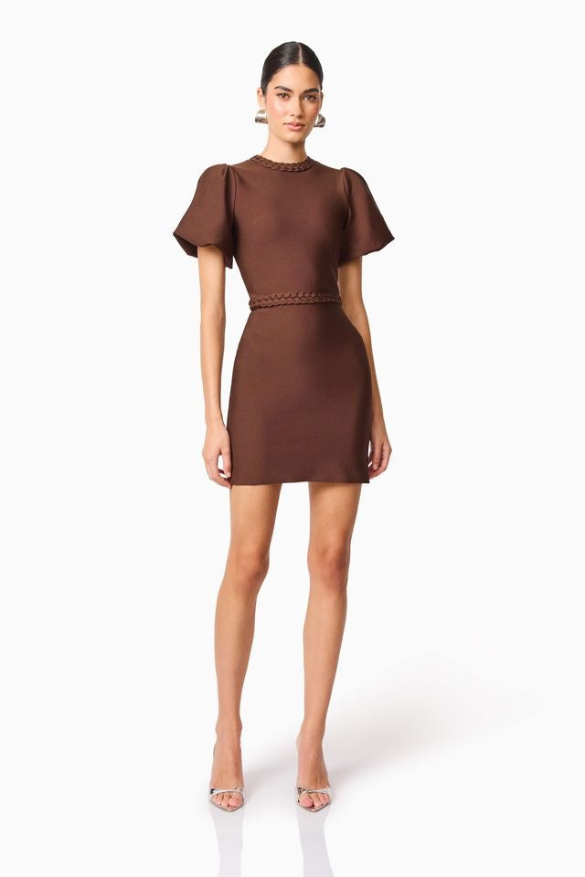 Elliatt Floriana Puff Sleeve Mini Dress - Brown