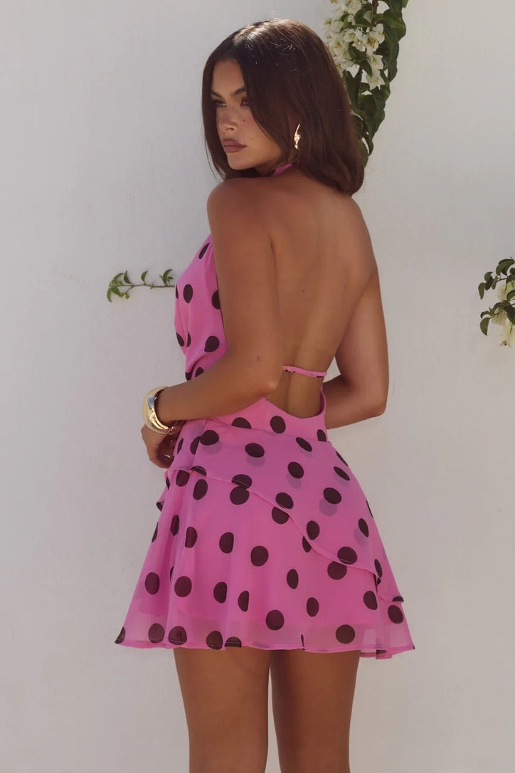 Runaway the Label Imali Halter Cowl Mini Dress - Musk & Choc Polka