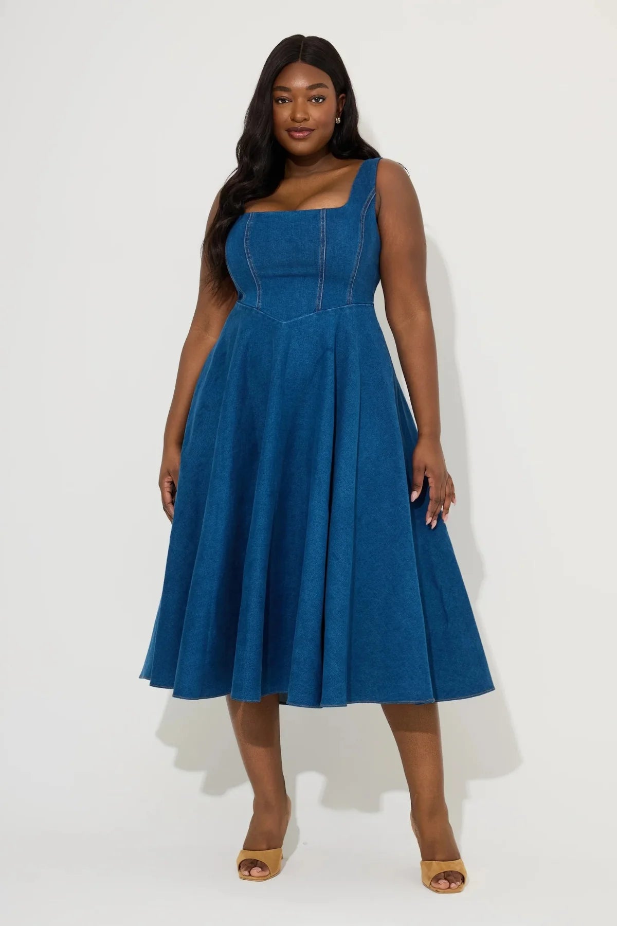 Odd Muse Cotton Mix Denim Square Neck Midi- Light Blue