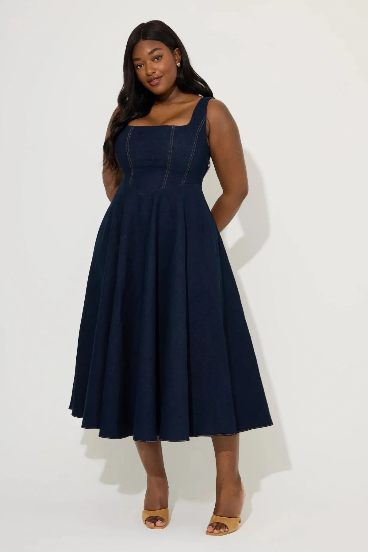 Odd Muse Cotton Mix Denim Square Neck Midi- Dark Blue