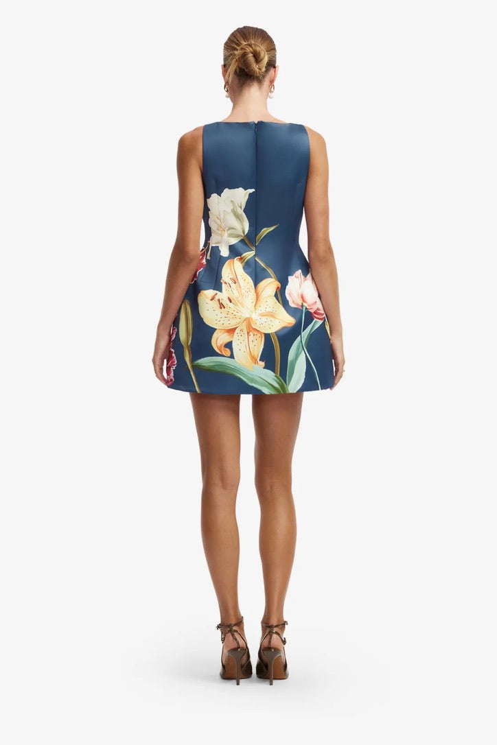 Leo Lin Ali Embroidered Mini Dress - Lily Print in Indigo