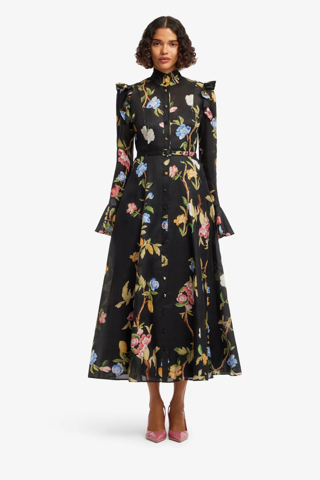Leo Lin Katrina Butterfly Sleeve Midi Dress - Lemon Vine Print in Ebony