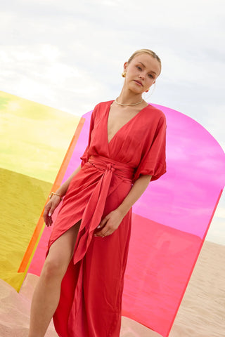 Pasduchas Quinn Wrap Midi Dress - Poppy