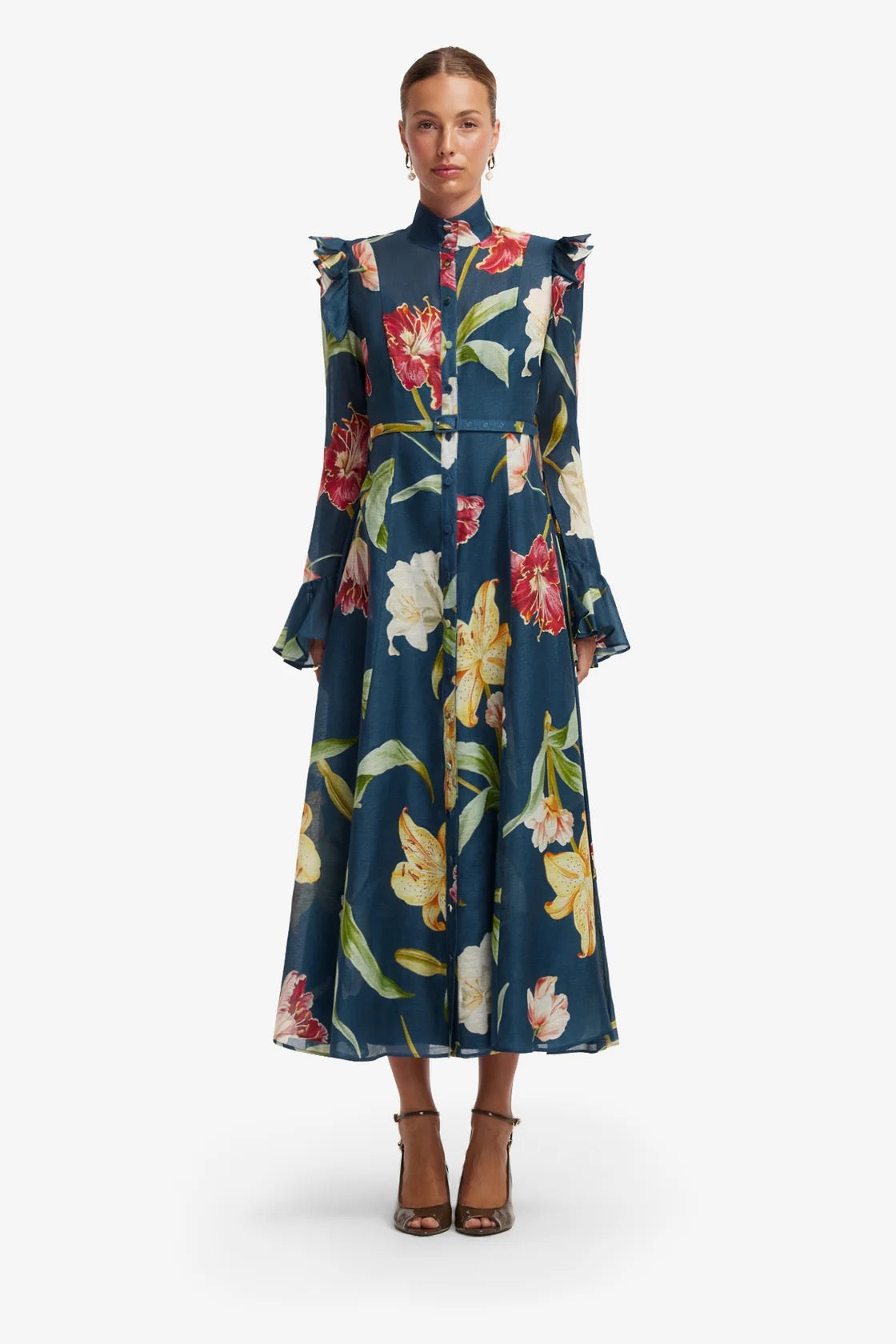 Leo Lin Katrina Butterfly Sleeve Midi Dress - Lily Print in Indigo
