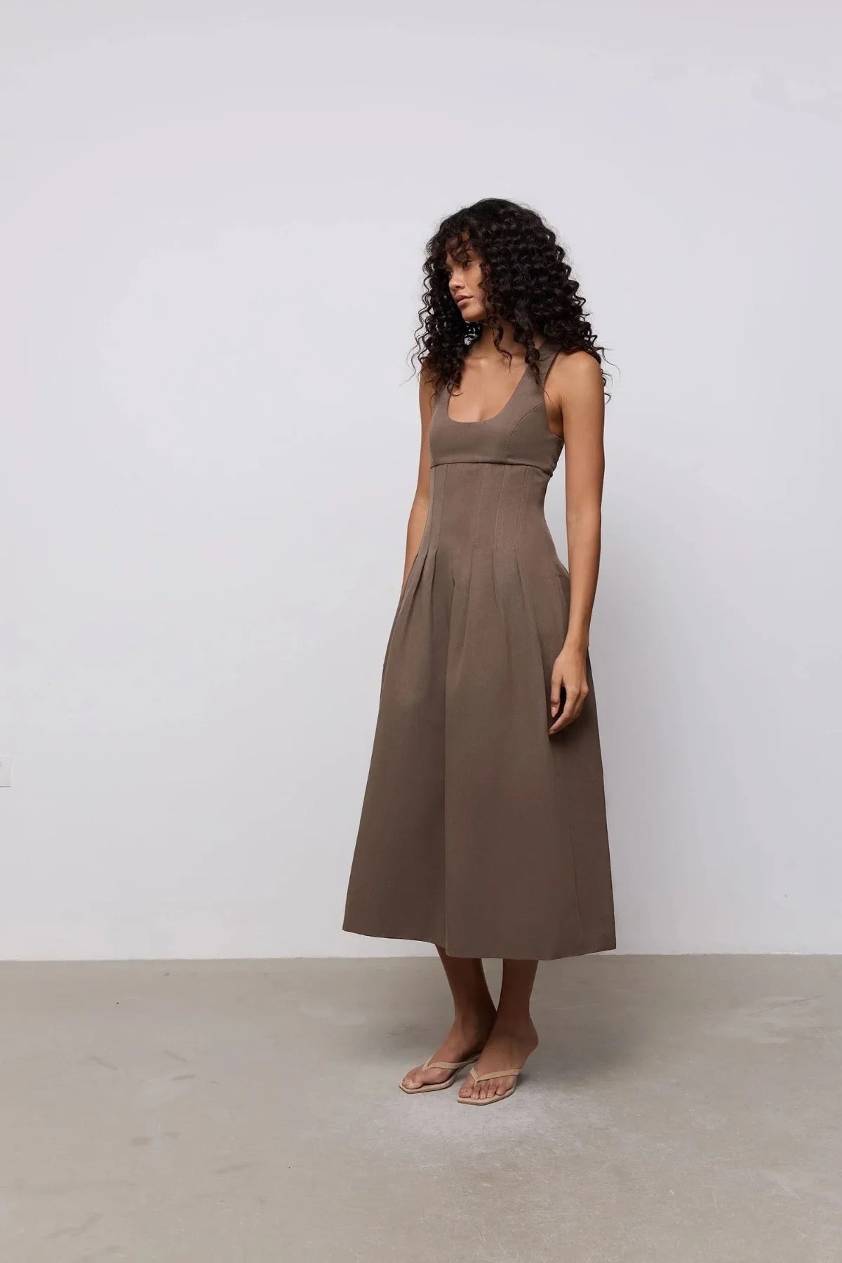 Odd Muse Cotton Mix Cinched Midi Dress - Mushroom