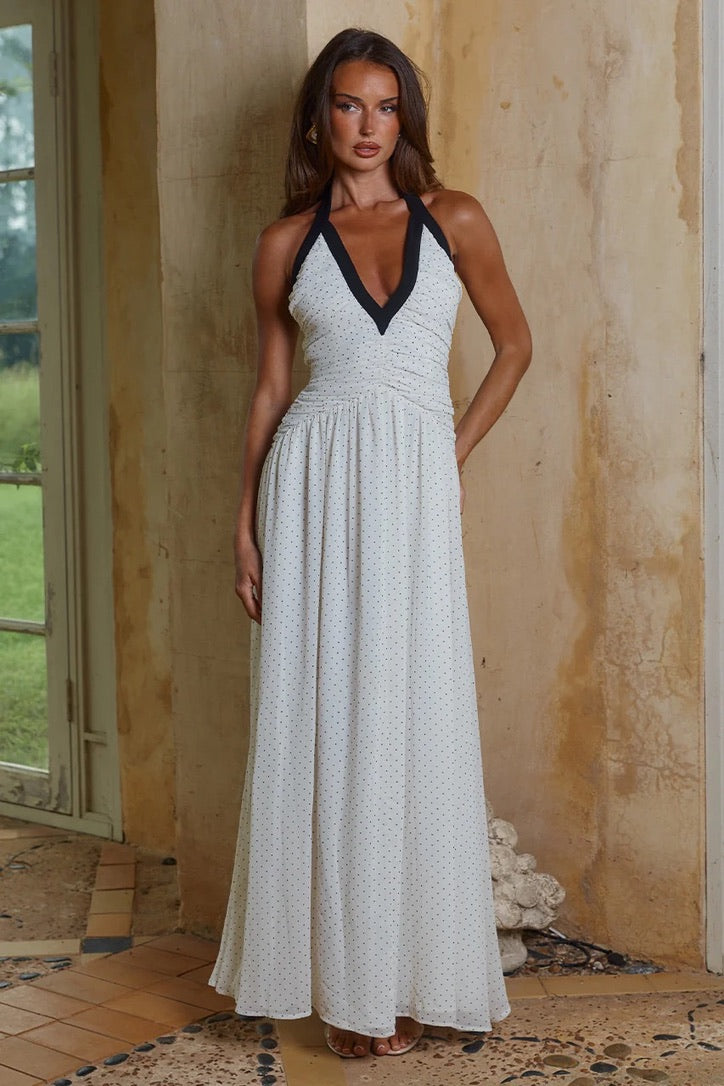 Runaway the Label Carolina Halter Ruched Maxi Dress - Polka - Dress Hire AU Runaway the Label Carolina Halter Ruched Maxi Dress - Polka - Dress Hire AU