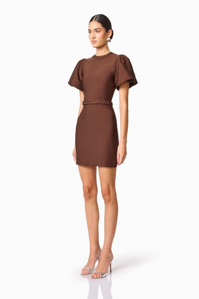 Elliatt Floriana Puff Sleeve Mini Dress - Brown