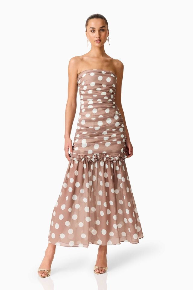 Elliatt Sola Polka Dot Strapless Gown - Brown & White