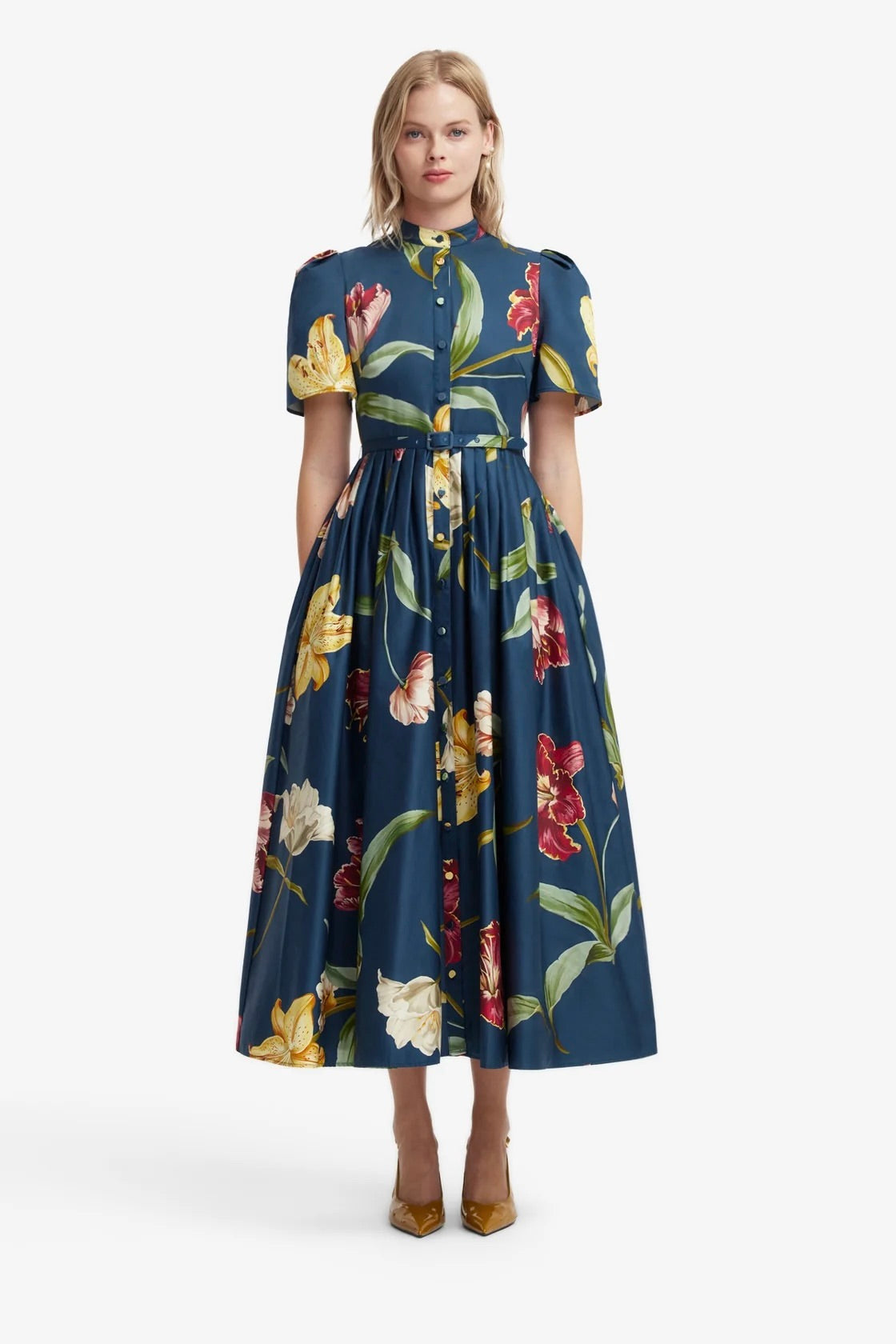 Leo Lin Bianca Short Sleeve Midi Dress - Lily Print in Indigo