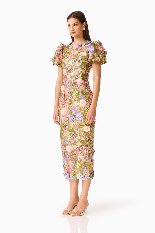 Elliatt Fiora Puff Sleeve Midi Dress - Green Multi