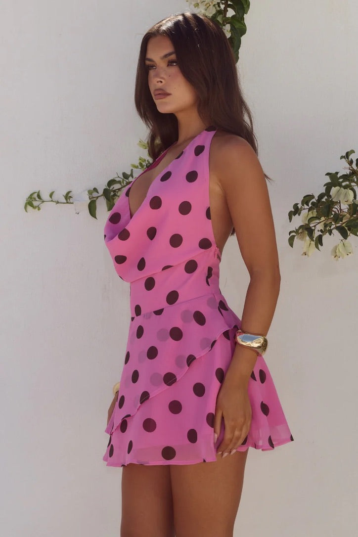 Runaway the Label Imali Halter Cowl Mini Dress - Musk & Choc Polka