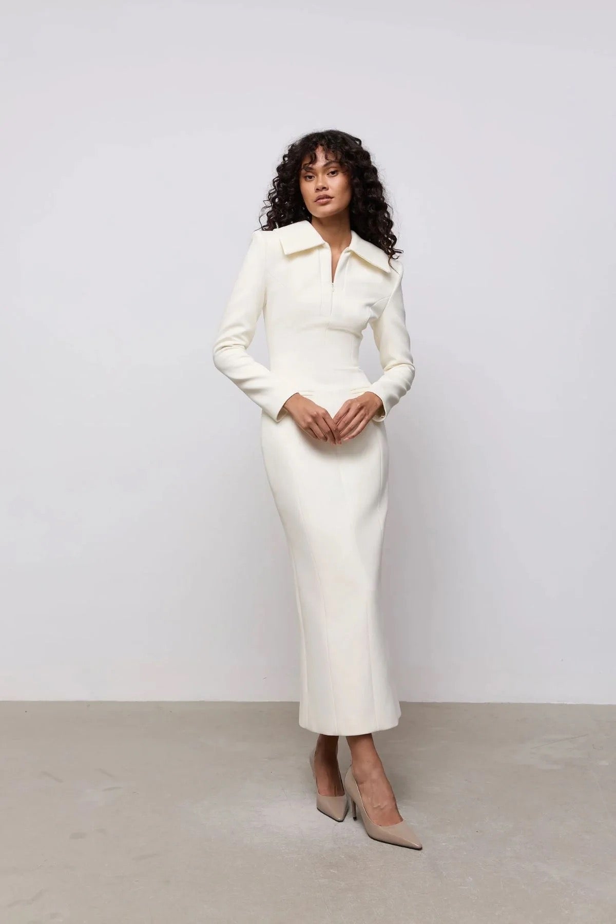 Odd Muse Zip Detial Midi Dress - Ecru