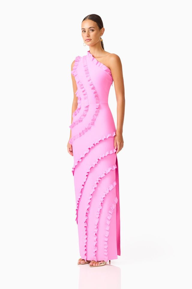 Elliatt Orelia Asymmetrical Ruffle Gown - Candy Pink