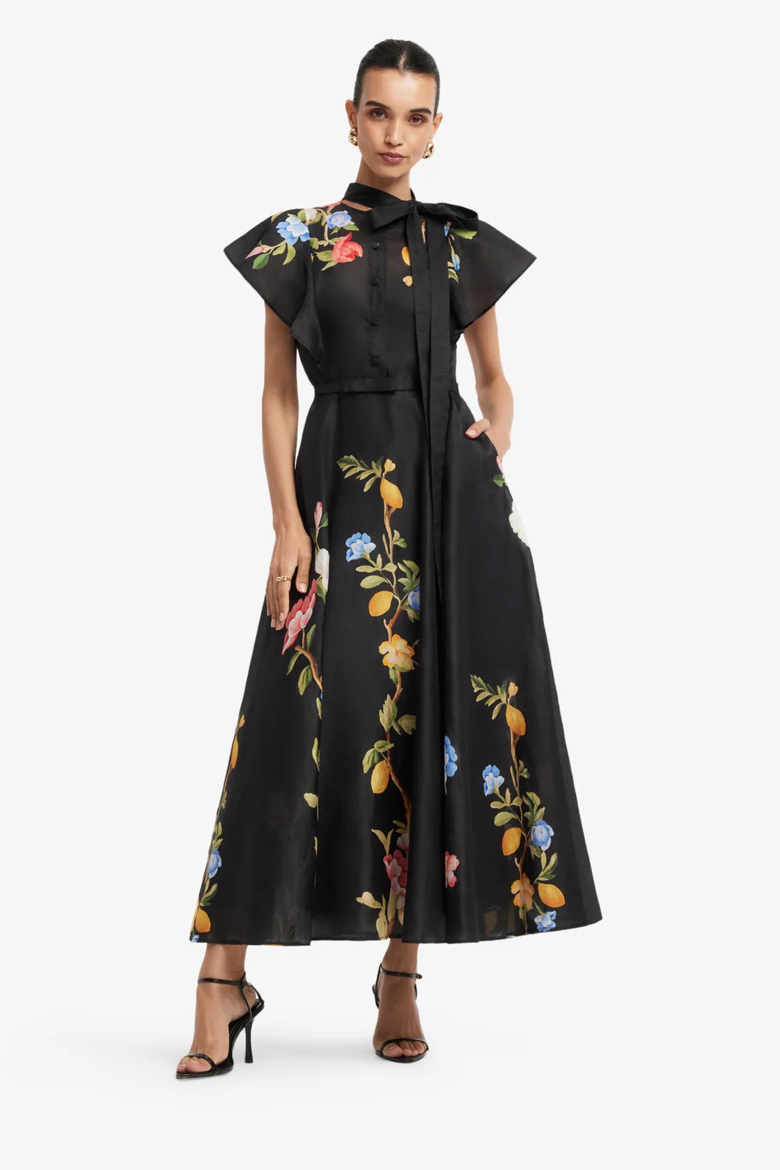 Leo Lin Elsie Flutter Sleeve Midi Dress - Lemon Vine Print in Ebony