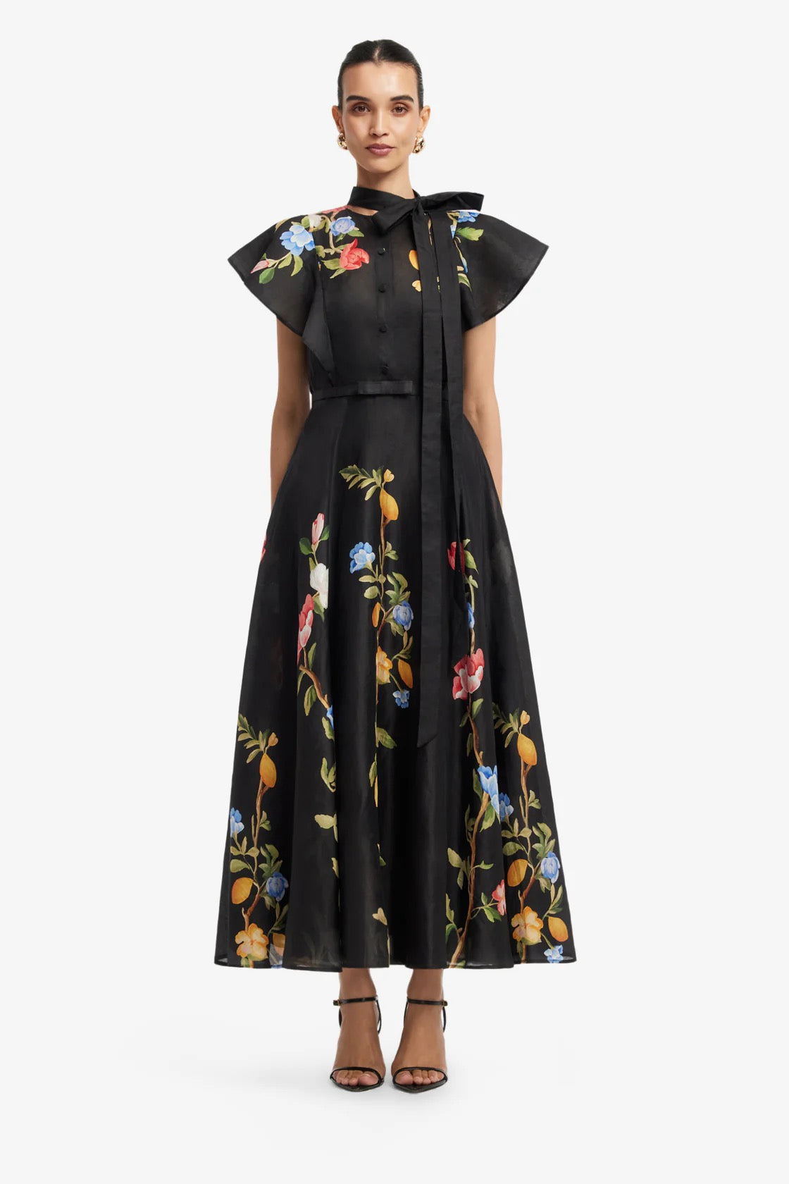 Leo Lin Elsie Flutter Sleeve Midi Dress - Lemon Vine Print in Ebony