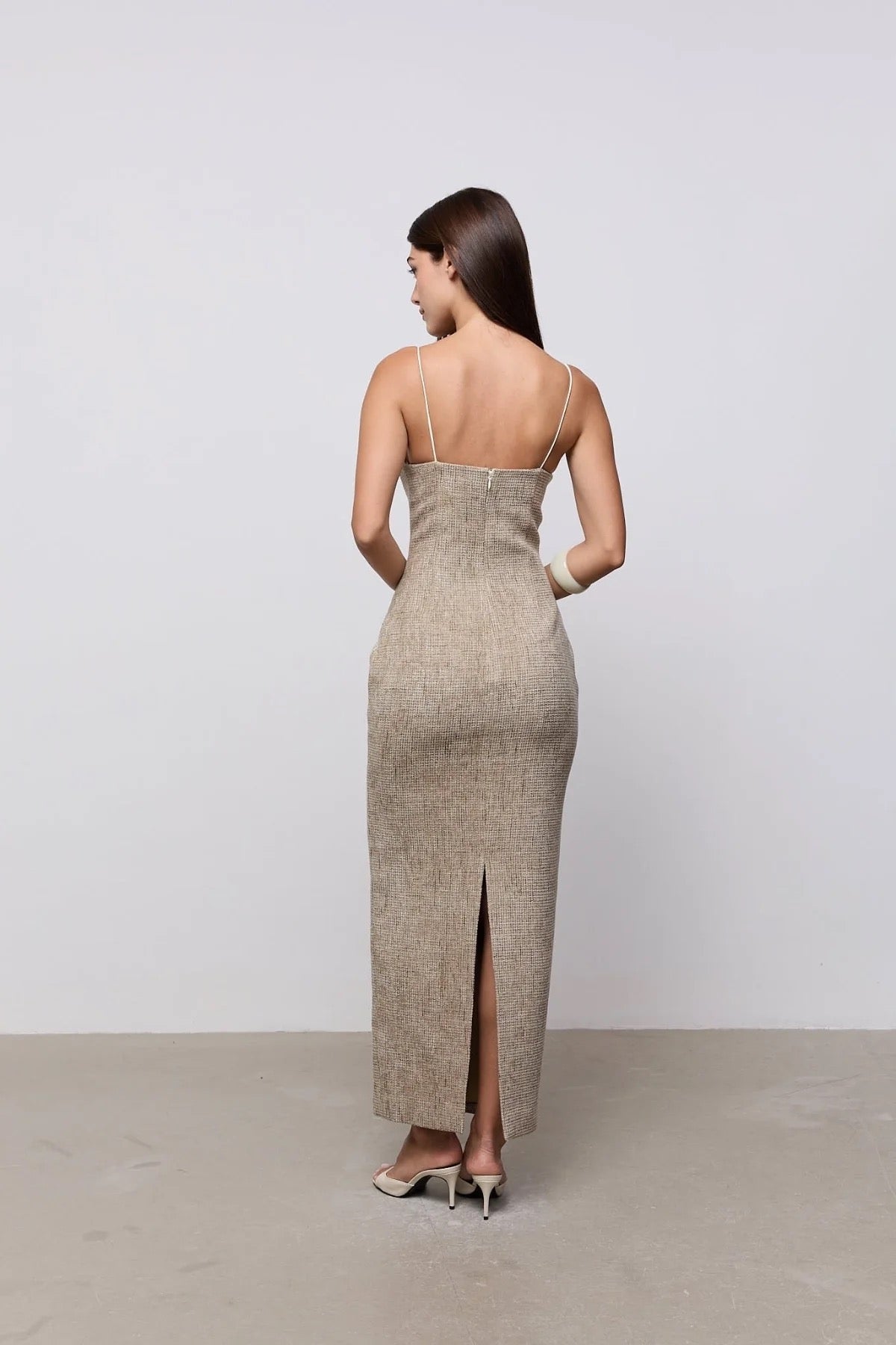 Odd Muse Tweed Contrast Detail Midi Dress - Ecru & Beige