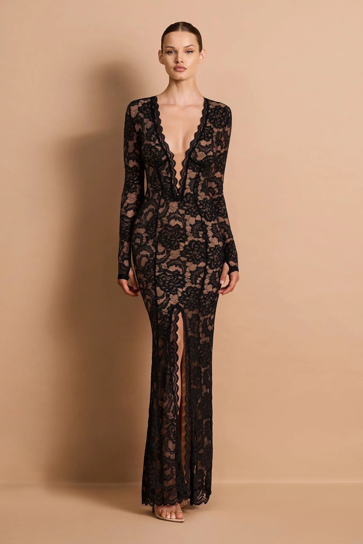 Nookie Delphine Long Sleeve Lace Gown - Black