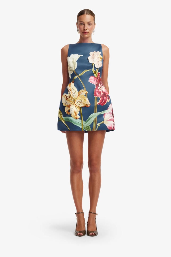 Leo Lin Ali Embroidered Mini Dress - Lily Print in Indigo