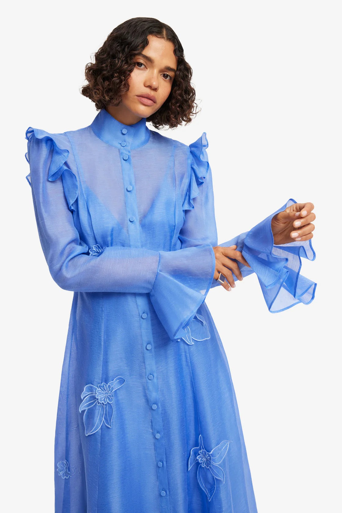 Leo Lin Katrina Applique Butterfly Sleeve Midi Dress - Azure