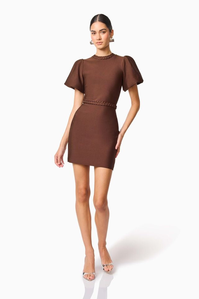 Elliatt Floriana Puff Sleeve Mini Dress - Brown