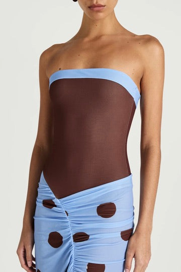 Benni Rumi Strapless Maxi Dress - Blue & Choc Polka