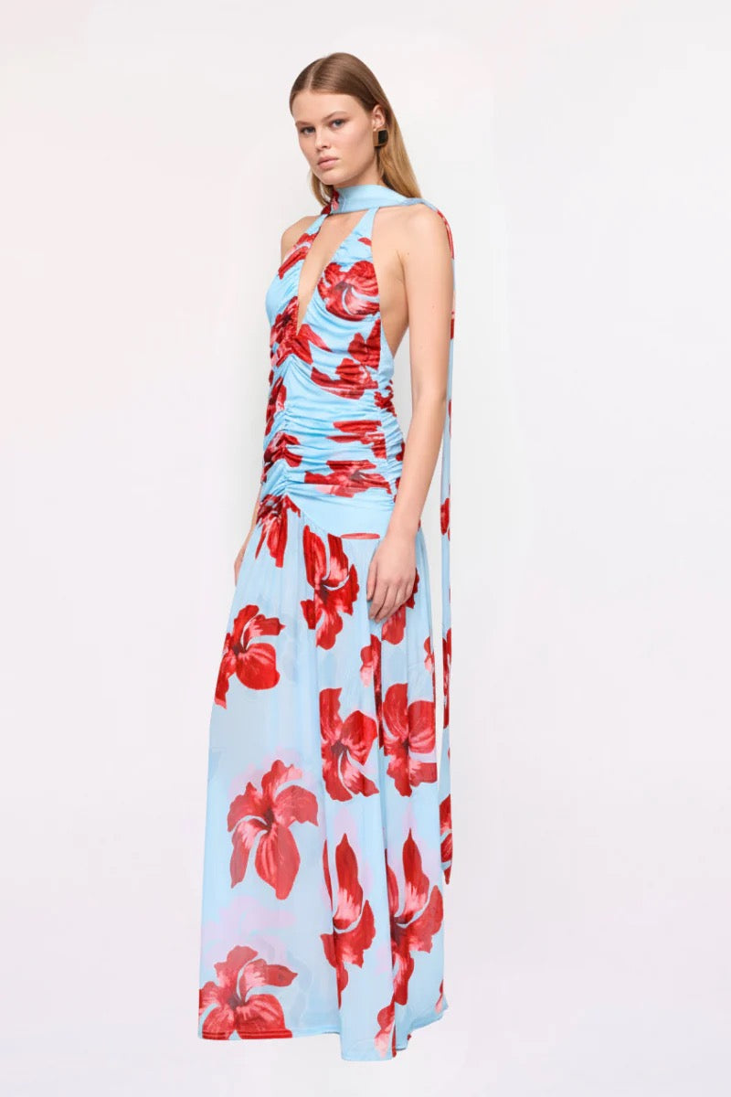 Suboo Chloe Floral Halter Mesh Maxi Dress - Blue & Pink